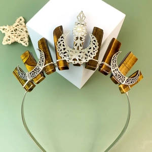 Handmade crown with tiger eye crystals and silver moon charms for bohemian hair styling