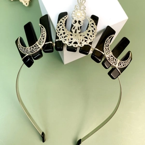 Gothic crown headband with natural black stones, silver moon flowers and a white pearl
