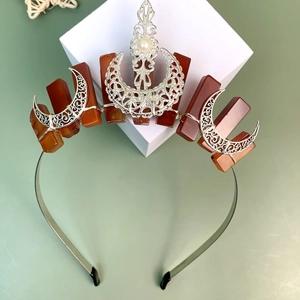 Bohemian crown headband with red crystal stones and silver moon floral accents