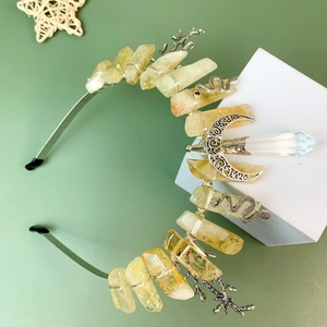 Bohemian crown headband with green aventurine, crystal pillars, and silver moon details