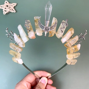 Handmade Gothic crown featuring raw yellow crystals and silver moon branch engravings