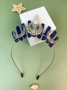 Detail of moon-themed crown with blue lapis crystals and silver wire wrapping