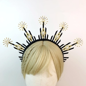 Gothic sun halo crown headband with black spikes, golden filigree, and white pearls