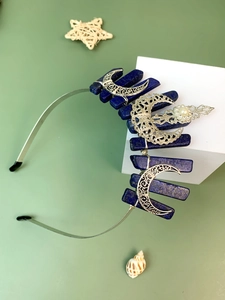 Detail of silver crescent moons and blue crystal stones on vintage crown headband