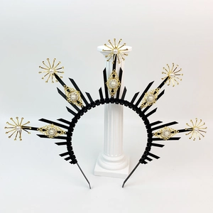 Gothic Virgin Mary Halo Crown Headband Gold Filigree Metal Sunburst Tiara With Imitation Artificial Pearls For Halloween Cosplay Party