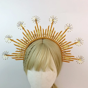 Gold Sunburst Virgin Mary Halo Crown Headband Baroque Goddess Spike Star Headdress For Women Halloween Cosplay Party Decoration