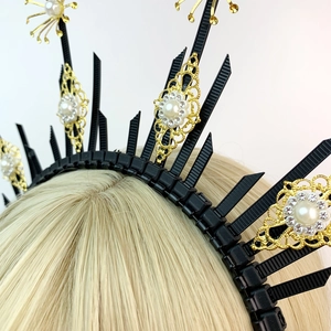 Gothic halo crown headband with gold floral filigree and white pearls on black spikes
