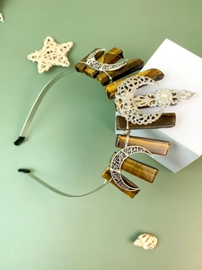 Detail of bee crown headband with tiger eye stones, silver moon and crystal beads