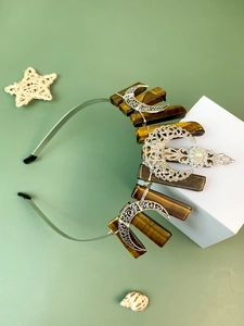 Bohemian headband detail with tiger eye stones, silver moons and faux pearl beads