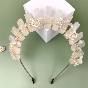Serre-tête de Mariée Fait Main en Quartz Rose et Cristal Alliage d'Or Enroulé de Fil Künstliche Perle Strass Couronne pour Mariage