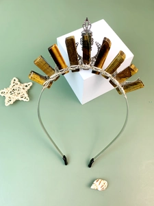 Detail view of handmade tiger eye stone crown headband with silver wire wrapping