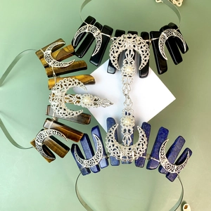 Three-piece bohemian crown set with natural crystals, silver crescent moon and pearls