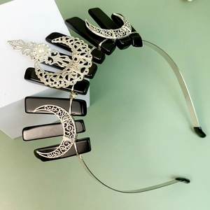 Gothic crown headband with black crystals, silver crescent moon and faux pearl sunflower