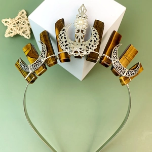 Natural tiger eye crystal crown headband with silver moon and bee details in boho style