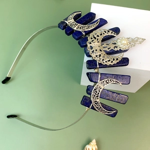 Bohemian headband crown with raw blue crystals, silver moons and pearls on sage background