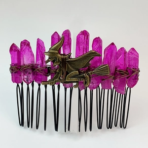 Detail of purple crystal hair comb with bronze witch charm and alloy branch structure