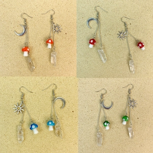 Boucles d'Oreilles Pendantes Asymétriques Vintage Champignon Femme Soleil Lune Quartz Clair Cristal Alliage Bijoux