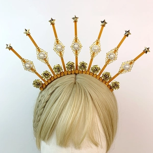 Couronne halo dorée avec étoiles, roses métalliques et perles pour accessoires de cosplay