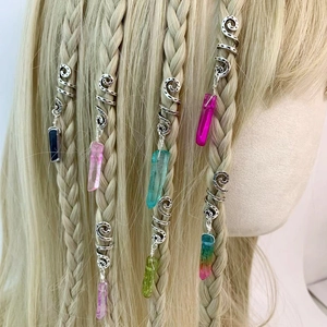 Vintage Alloy Spiral Dreadlock Hair Accessories With Hexagonal Crystal Pendant For Women Bohemian Handmade Hair Ring Jewelry