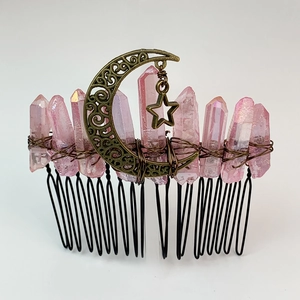 Handmade bohemian moon hair comb with pink raw crystal points and bronze accents