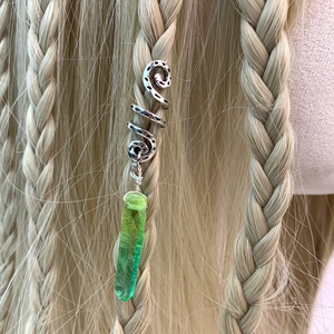 Boho spiral dreadlock hair jewelry with natural light green crystal stone pendant