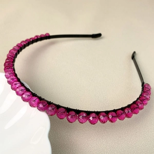 Exquisite handmade rose pink crystal bead crown headband on minimalist black base frame