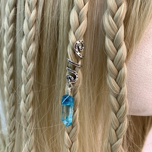 Silver spiral braid hair ring with a blue hexagonal crystal pendant for dreadlocks