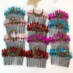 Vintage Handmade Natural Crystal Hair Comb Bohemian Gothic Moon Witch Branch Alloy Hair Accessories For Women Halloween Party