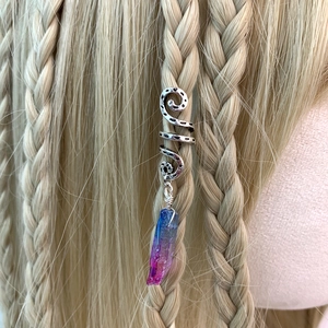 Silver spiral dreadlock jewelry with purple gradient crystal pendant for braided hair