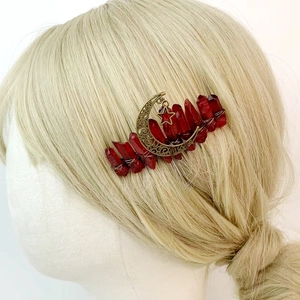 Natural red crystal moon branch hair comb with bronze star charm for women