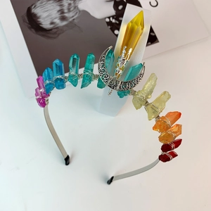 Rainbow crystal moon crown headpiece with natural stones and silver crescent moon accessory