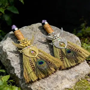 Handmade Wiccan Witch Besom With Amethyst Peacock Feather Gold Silver Metal Wings Skull Ornament For Halloween Altar Gothic