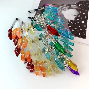 Handmade rainbow aura crystal crown headband set with silver moon and star accents