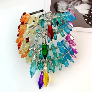 Bohemian rainbow crystal crown headband with silver moon and bee pendants for parties