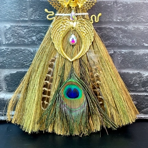 Handmade witch broom with amethyst, golden wings and peacock feathers for altar decor