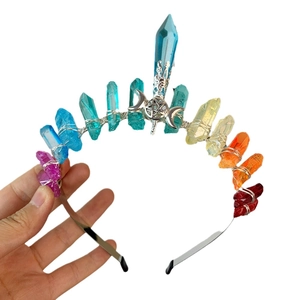 Rainbow crystal quartz crown headband with silver moon and star accents for parties