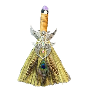 Natural amethyst and peacock feather altar broom with mystical silver metal charms
