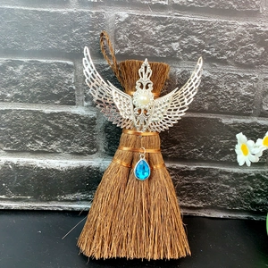 Miniature Wicca witch broom car pendant with angel wings and blue crystal gemstone