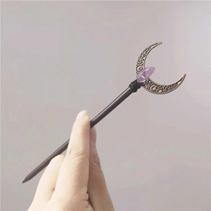 Vintage Crescent Moon Amethyst Hair Stick Handmade Wooden Hair Pin Scepter Style Ethnic Bronze Hair Jewelry For Women