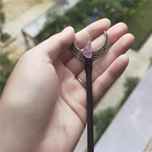 Vintage crescent moon hair pin with raw amethyst crystal and handcrafted wooden wand