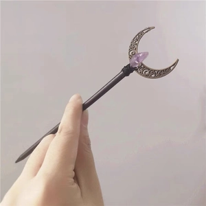 Vintage crescent moon hair pin with purple amethyst and brass hollowed metal details