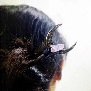 Vintage crescent moon hair stick with purple amethyst stone and bronze engraved metal
