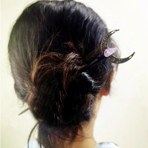 Vintage crescent moon hair stick with purple amethyst crystal stone for bun styling