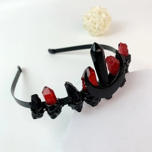 Gothic Moon Crystal Tiara Headband Handmade Red Black Raw Stone Hairband Halloween Witch Cosplay Crown Jewelry For Women