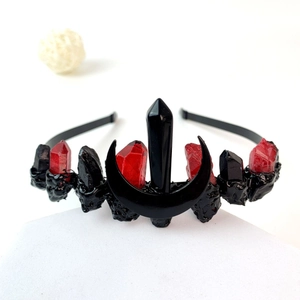 Handmade Gothic black moon crown headpiece with dark red crystals for women accessories