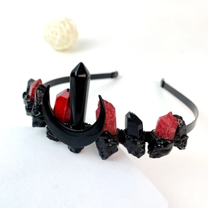 Gothic black crescent moon headband with deep red and black crystal crown decorations
