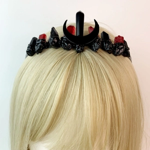 Gothic black crescent moon headband with red crystals for cosplay and parties