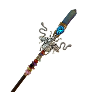 Baguette magique cristal 20cm pour cheveux, design lune étoile avec abeille et serpent