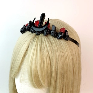 Gothic black moon crown headband with deep red crystals for Halloween and cosplay