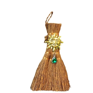 Mini Wicca witch broom car pendant with golden sun charm and green crystal droplet